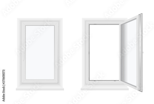Single plastic windows open and closed with sill realistic templates set. Pvc facade constructions.