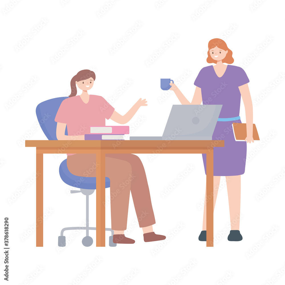 coworking, female employees office desk laptop and coffee cup coworking, female employees office desk laptop and coffee cup