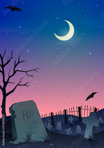 Halloween illustration with gravestone in the cemetery at moonlit twilight
