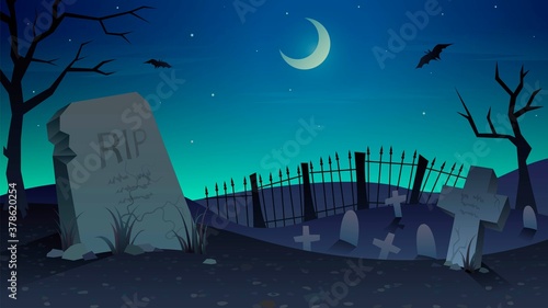 Vector spooky illustration with graveyard moonlit night, halloween background