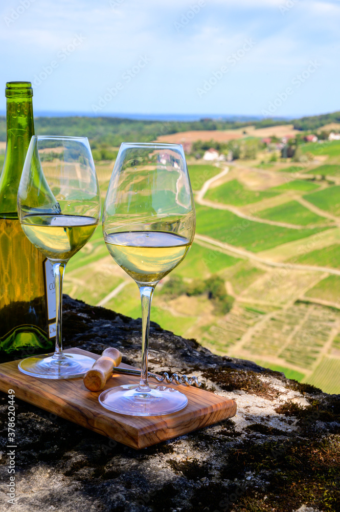 Tasting of white or jaune Jura wine on vineyards near Chateau-Chalon village in Jura region, France Tasting of white or jaune Jura wine on vineyards near Chateau-Chalon village in Jura region, France