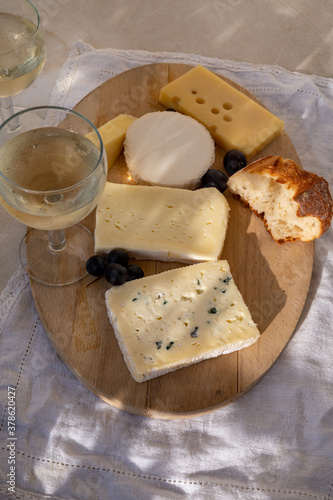 Tasting and pairing of cold white wine with different cheeses in sunny Provence, France