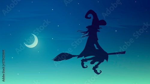 Vector spooky illustration with silhouette of a witch flying on a broomstick on a moonlit night, halloween background