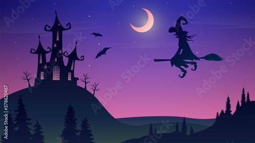 Halloween illustration with a witch flying on a broomstick in the moonlit twilight on the background of a gloomy castle