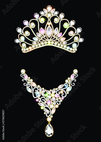 Illustration of a female necklace and crown with precious stones