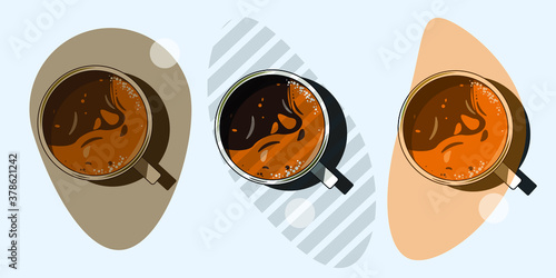 3d realistic vector illustration of white cups of aromatic coffee with froth top view.Trendy popular design cappuccino, americano, espresso, mocha, latte, cocoa