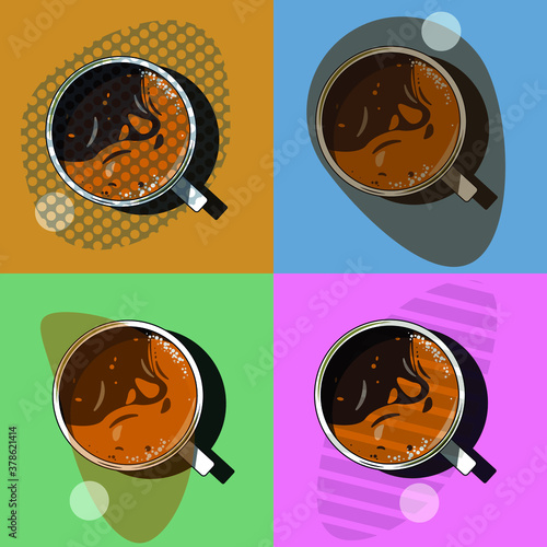 3d realistic vector illustration of white cup of aromatic coffee with froth top view.Trendy popular design cappuccino, americano, espresso, mocha, latte, cocoa