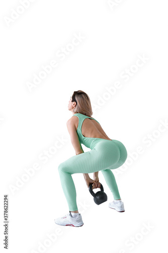 Fitness woman do kettlebell swing and kettlebell snatch. Crossfit training. Isolated on white background.