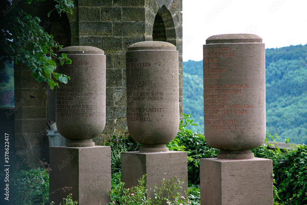 Urn stones in the courtyard at Hohenzollern Castle, Germany Urn stones in the courtyard at Hohenzollern Castle, Germany