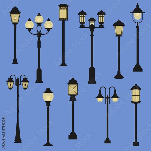 Set of tall lanterns. Vintage street lamps, classical outdoor design elements for lighting. Electric lamp post isolated collection. Set of architectural elements for street.