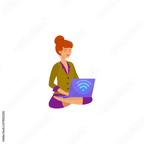 sporty stylish girl with a laptop on her knees in the lotus position remotely studies online, freelance, remote work via the Internet, project in coworking, fitness and yoga, eps 10, printable sticker