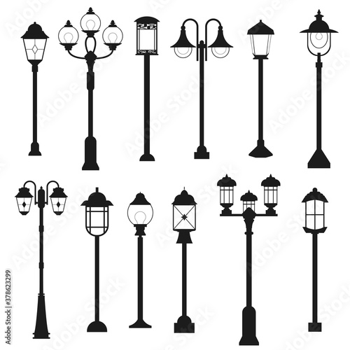 Collection of vintage lanterns. Black and white isolated street lamps. Lamp post icons of different shapes and types. Outside lighting elements design.