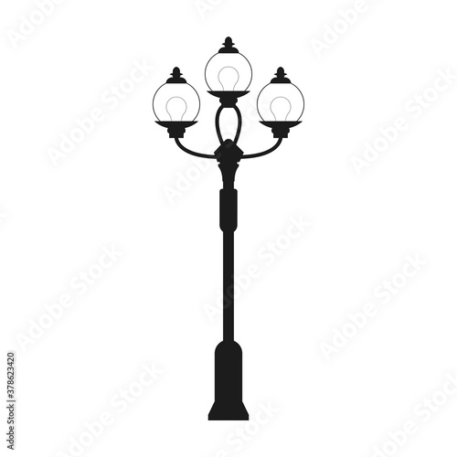 Black and white lantern icon. Silhouette of big street lamp with three bulbs and plafonds. Exterior architectural element isolated on white background.