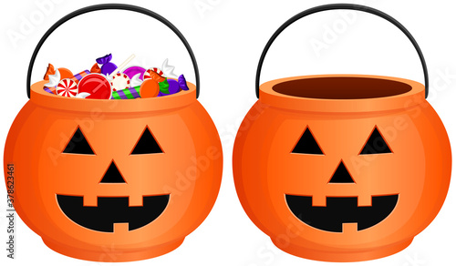 Vector illustration of a jack-o'-lantern style, orange Halloween candy bucket, both full and empty.