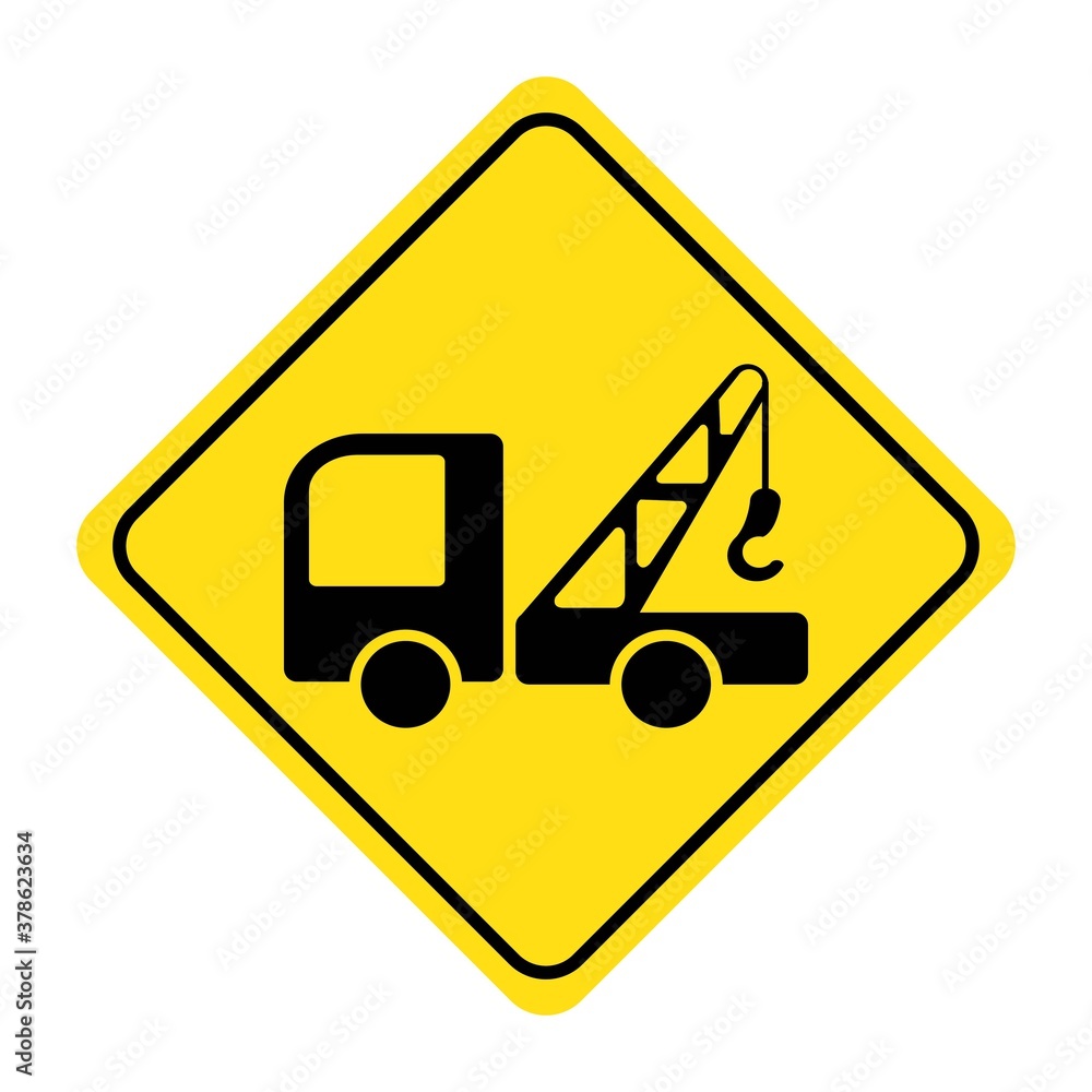 Lifting crane truck icon on yellow background.Road sign.Construction machine symbol Lifting crane truck icon on yellow background.Road sign.Construction machine symbol