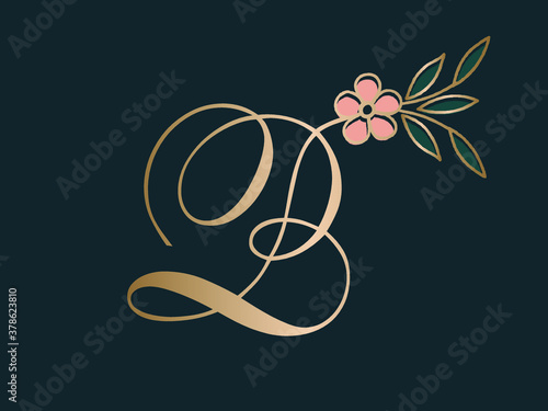 Letter B logo. Typographic icon isolated on dark green background. Golden lettering sign with leaves and flower. Uppercase decorative alphabet initial.Luxury style calligraphy © elaT