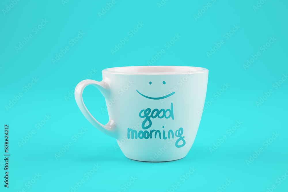 White cup of coffee on a cyan background with a wish for a good day. White cup of coffee on a cyan background with a wish for a good day.
