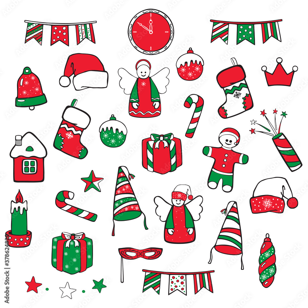 Large set of icons of Christmas and New Year symbols and items in traditional colors. Vector hand drawings in cartoon style isolated on white background.
