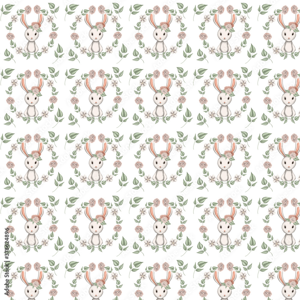lovely bunnies with flowers wrapping digital paper