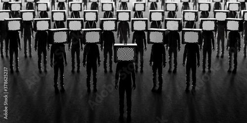 Zombie people with an old tv instead of head. Mass media addiction. Television manipulation and crowd control. Brainwashing concept. 3d render 3d illustration