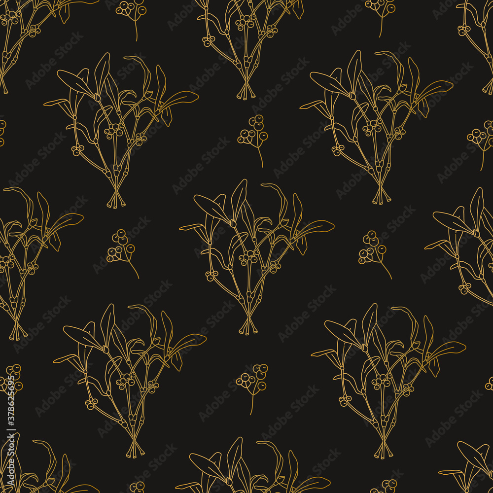 Festive Christmas seamless pattern, with American traditional xmas plants mistletoe branches and holly berry in line doodle style, modern ornate for New Year on black background. Festive Christmas seamless pattern, with American traditional xmas plants mistletoe branches and holly berry in line doodle style, modern ornate for New Year on black background.