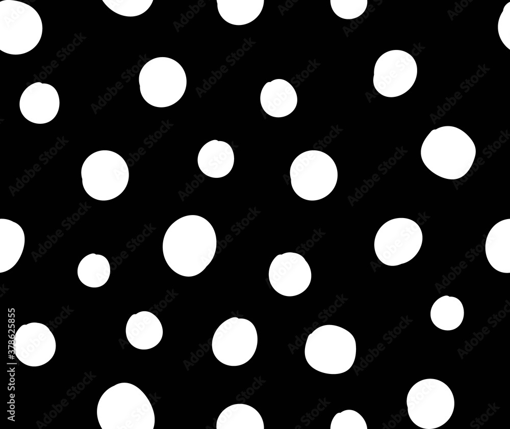 Vector seamless repeat pattern with smooth white irregular hand-drawn polka dots on a black background