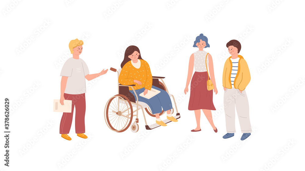Students are talking to each other. Disabled girl in a wheelchair with friends. Social adaptation. Inclusion concept. Character design. Bright colors. Vector illustration isolated on white background. Students are talking to each other. Disabled girl in a wheelchair with friends. Social adaptation. Inclusion concept. Character design. Bright colors. Vector illustration isolated on white background.