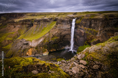 The photo shows beautiful Haifoss waterfall in the Iceland. It is the second largest waterfall in the Iceland.