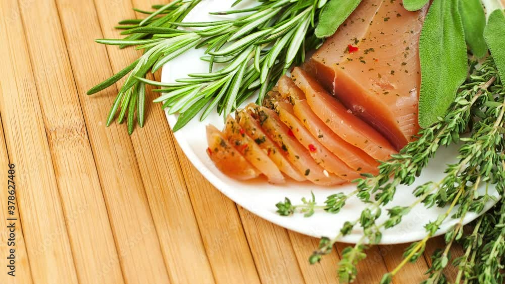 Sirloin meat with fresh rosemary, sage and thyme on a wooden table. View from above. Sirloin meat with fresh rosemary, sage and thyme on a wooden table. View from above.