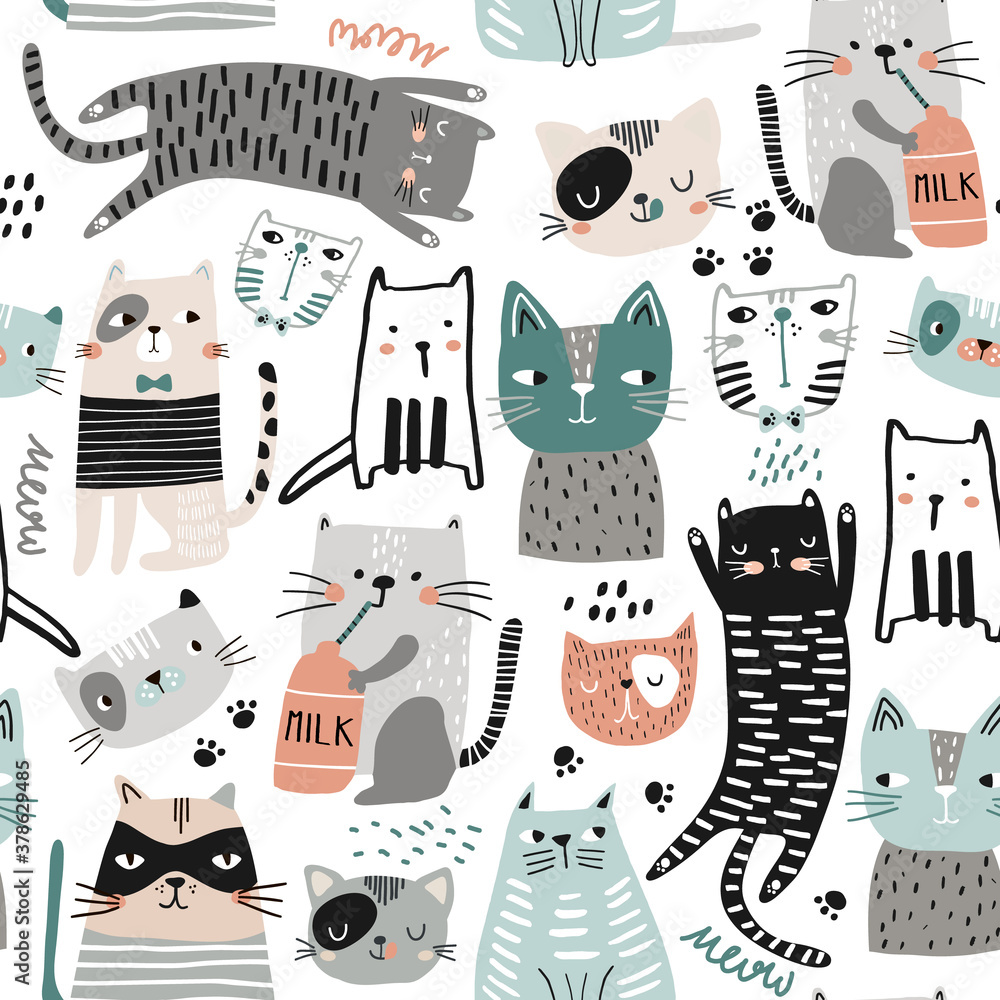 Seamless childish modern pattern with cute hand drawn cats. Creative ...