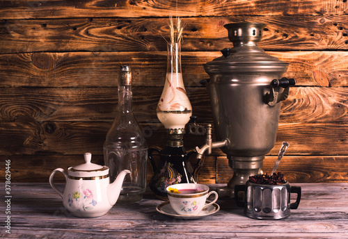 Samovar tea on a black wooden background