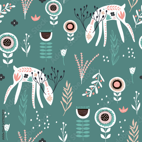 Seamless pattern with creative floral dears, branches, flowers. Creative woodland modern texture for fabric, wrapping, textile, wallpaper, apparel. Vector illustration