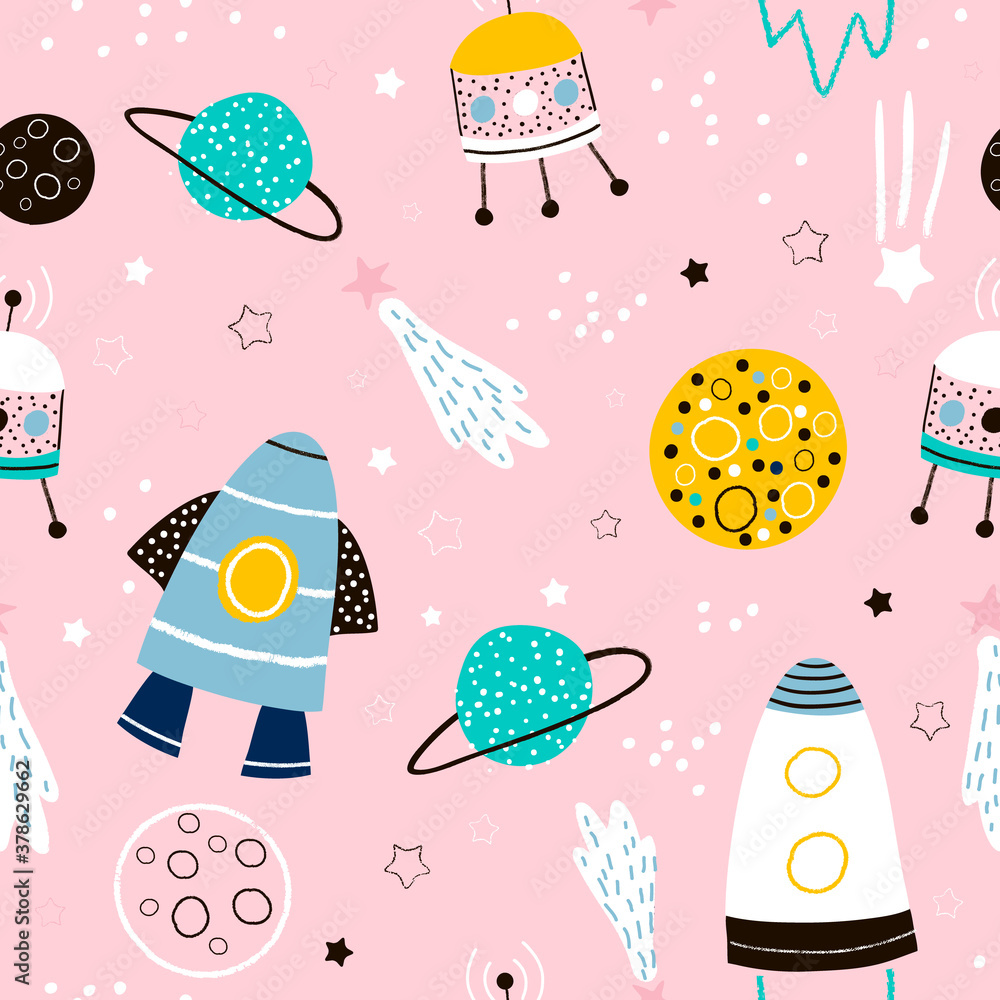 Childish seamless pattern with hand drawn space elements space, rocket, star, planet, space probe. Trendy kids vector background. Childish seamless pattern with hand drawn space elements space, rocket, star, planet, space probe. Trendy kids vector background.