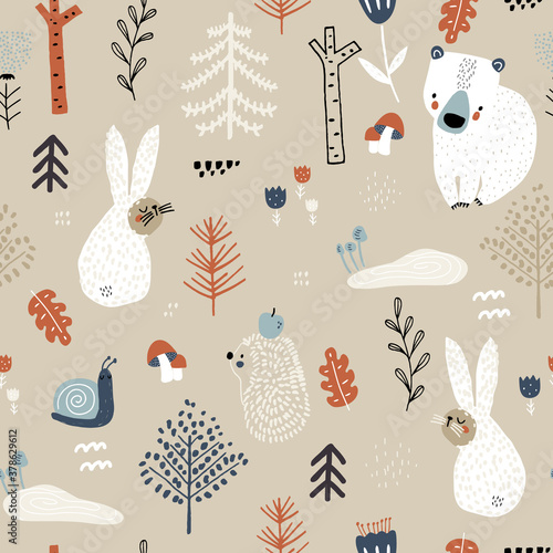 Seamless childish woodland pattern with bunny,bears, snail, hedgehog. Creative kids forest texture for fabric, wrapping, textile, wallpaper, apparel. Vector illustration
