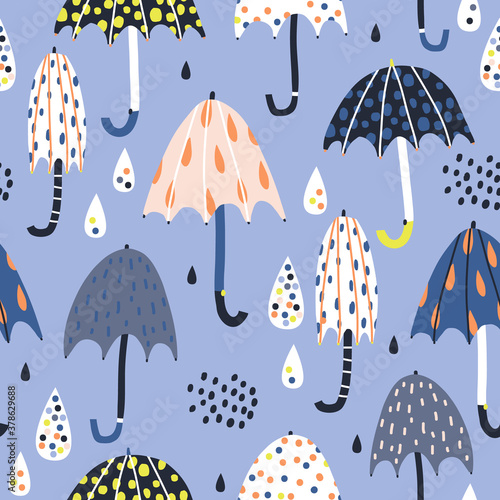Seamless childish pattern with colorful umbrellas. Creative kids autumn texture for fabric, wrapping, textile, wallpaper, apparel. Vector illustration