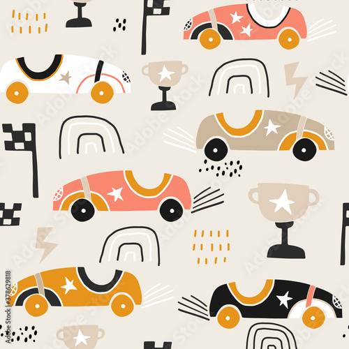 Seamless pattern with hand drawn retro racing cars. Cartoon car vector texture illustration.Perfect for kids fabric,textile,nursery wallpaper