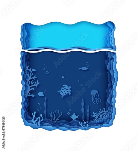 Paper craft layered background under ocean cave with fishes coral reef seabed in algae waves. Aquarium with wild life in paper cut style. Butterfly fish, moonfish, turtle. Vector sea marine concept