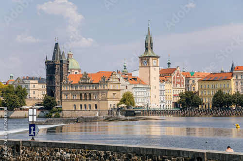 Charles Bridge over the Vltava river with old town tower, Prague, Czech Republic