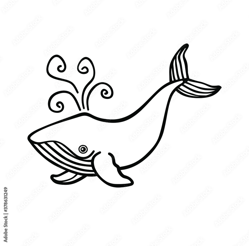 Cute vector black cartoon silhouette outline drawing of a funny whale with fountain curls.Children's coloring book.