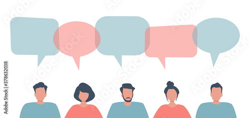Communication of men and women. Community of young people. People icons with speech bubbles. Vector illustration