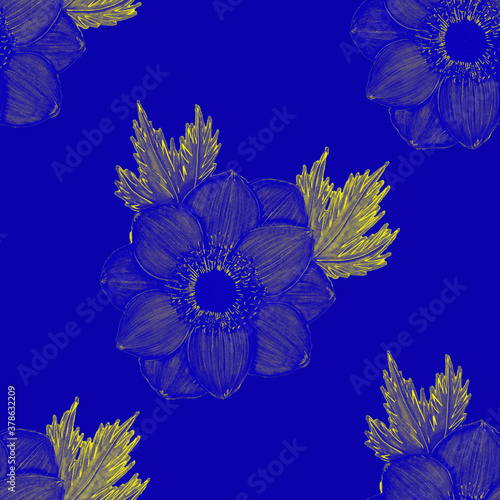 Fototapeta Naklejka Na Ścianę i Meble -  Seamless pattern with hand drawn flowers: artichoke, orchid, cotton, poppy, tulip, eucalyptus. Bright spring or summer print for any purposes. Decorative floral pattern. Colorful nature background.