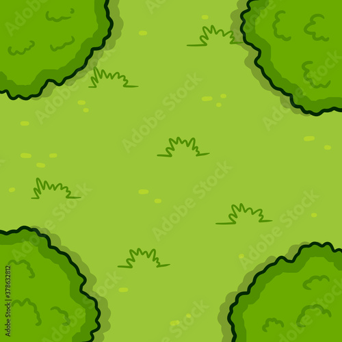 Green lawn. View from top. Funny background on meadow. Template for design. Flat cartoon illustration. Grass and bushes. Summer field