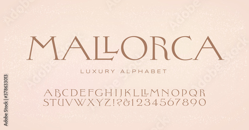 Mallorca luxury alphabet, ideal for fashion design and luxury boutique graphics. Wide and elegant capitals for a refined look.