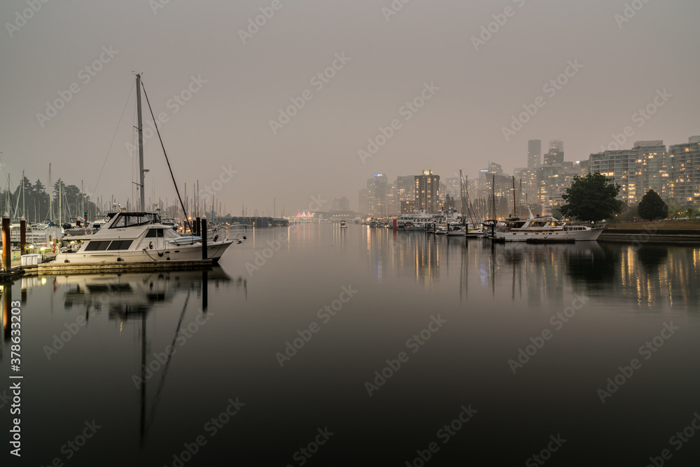 Coal Harbor Vancouver downtown in fire smoke, BC Canada