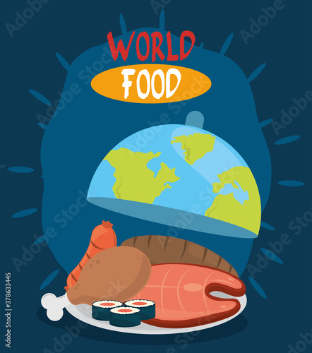 world food day, different proteins and bread in dish planet, healthy lifestyle meal
