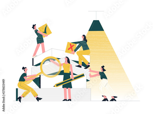 Womens teamwork concept. Young female characters investigate and edit information, check facts. Female editors work together. True and false, fact and fake. Tiny people modern flat vector illustration
