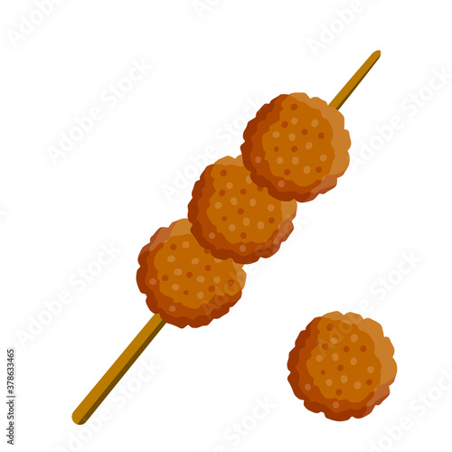Meat balls on a stick. Food for grilling and frying. Barbecue element. Brown meatball. Flat cartoon illustration