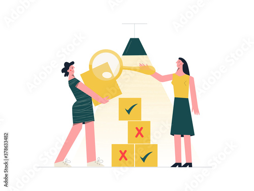 Myths and facts concept. Checking the accuracy of information and facts. Fake news versus trust and honest data source. Flat vector cartoon illustration isolated on white background