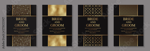 Modern geometric luxury wedding invitation design or card templates for birthday greeting or certificate or poster with golden glittering stripes on a black background.