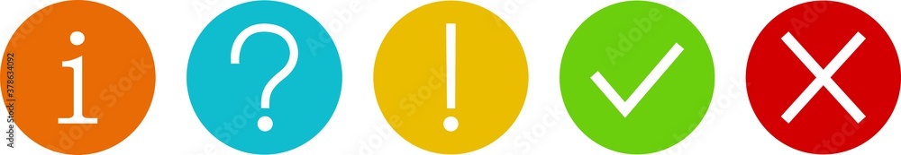 Set of round marks, cross, information, info, exclamation and question point, checkmark icons, buttons on white background.
Set of round marks, cross, information, info, exclamation and question point, checkmark icons, buttons on white background.